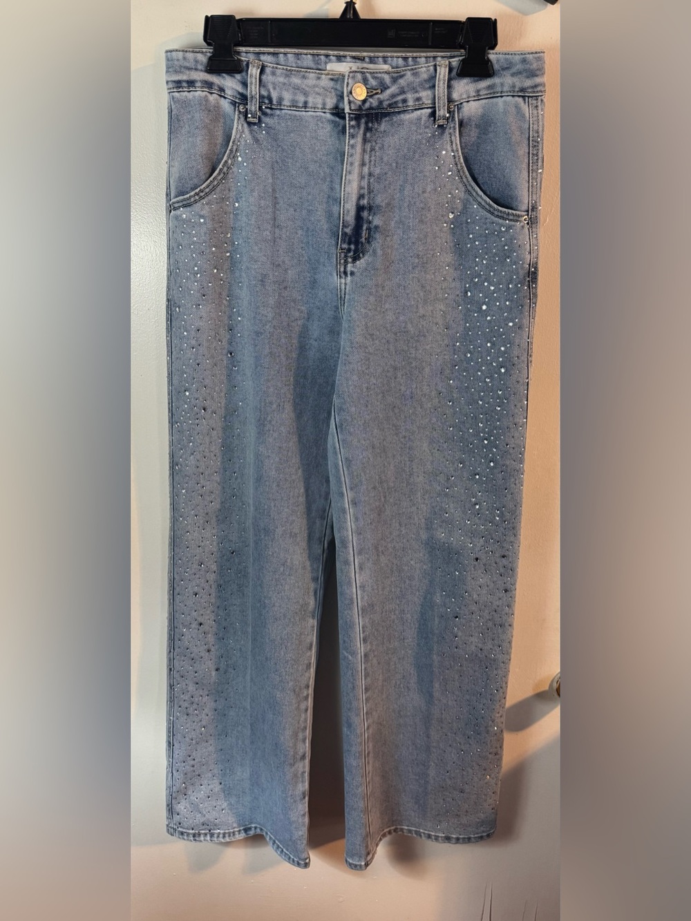 Lizette Collection Women's Straight Leg Light Blue Jeans with Rhinestone Trim